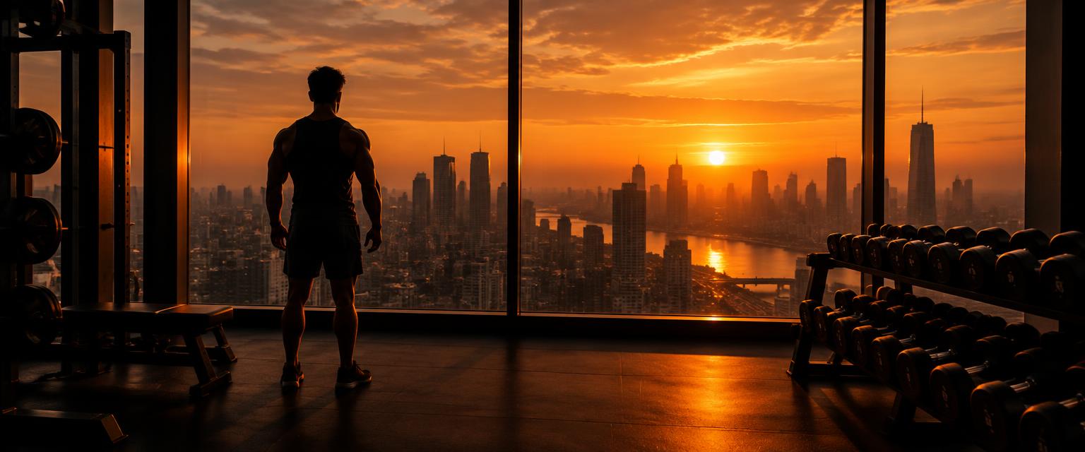 Athlete looking over the city at sunset after training
