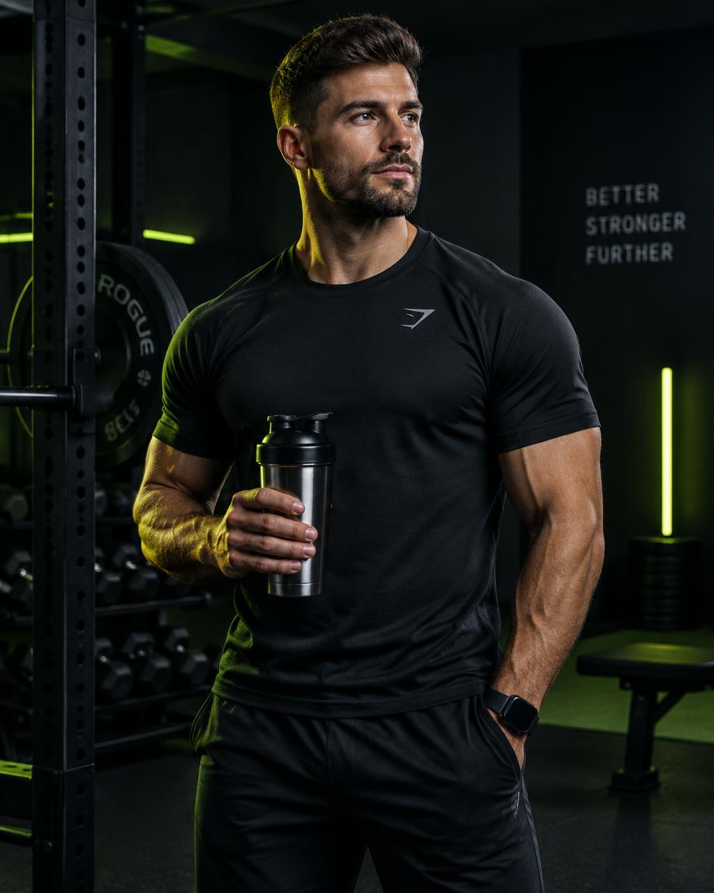 Your fitness coach in a dark studio gym